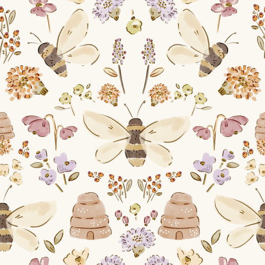 Pattern of bees, flowers, and beehives on a white background