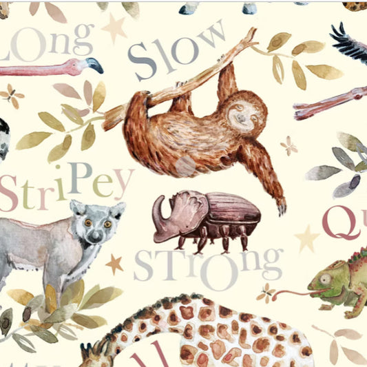 Pattern of animals and text on a light background