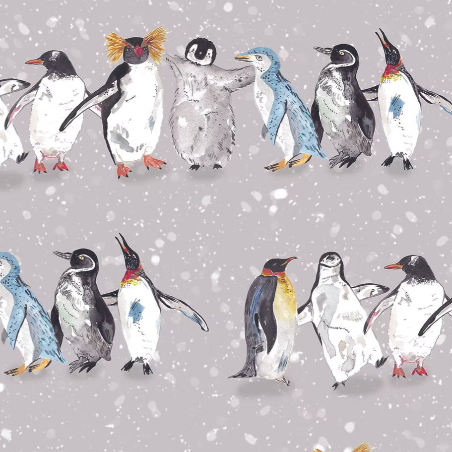 Illustration of penguins on a gray background with snowflakes