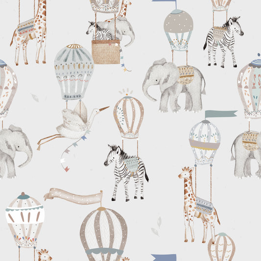 pattern featuring animals being carried by air balloons