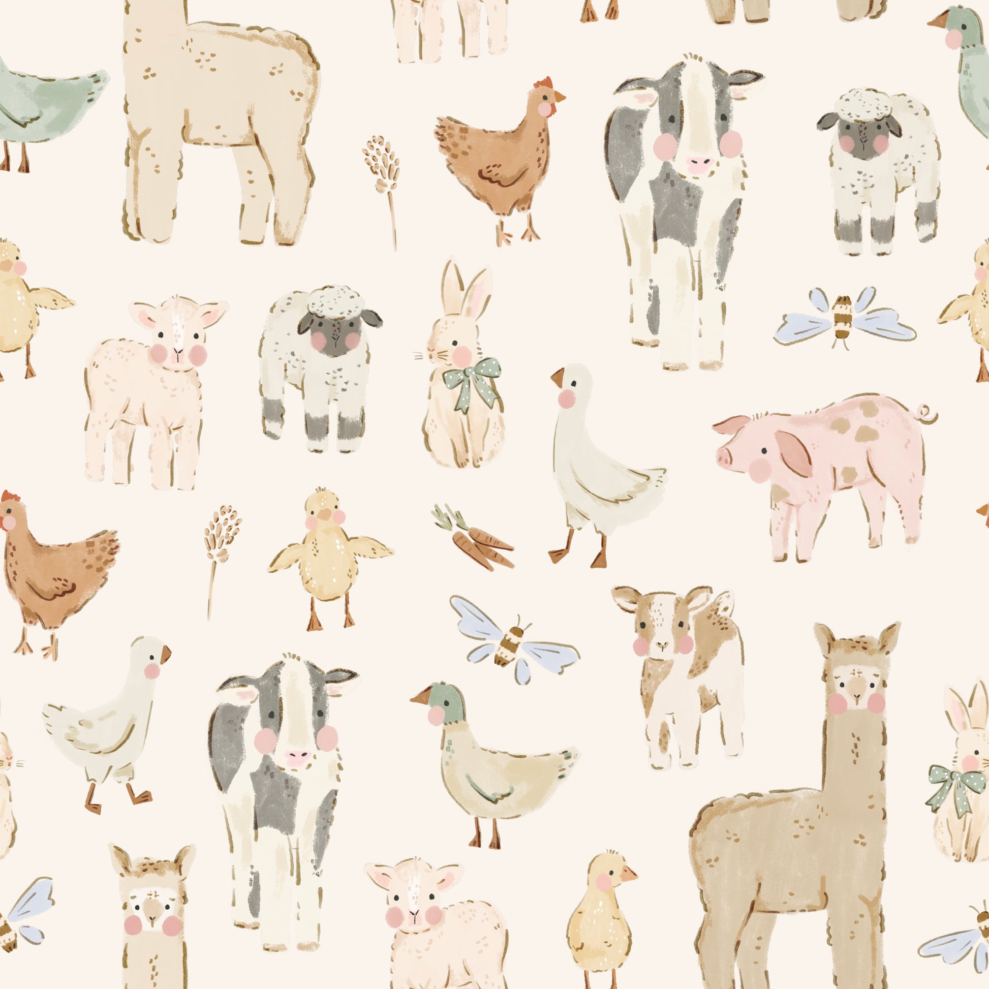 Pattern of farm animals on a white background