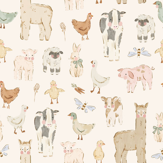 Pattern of farm animals on a white background