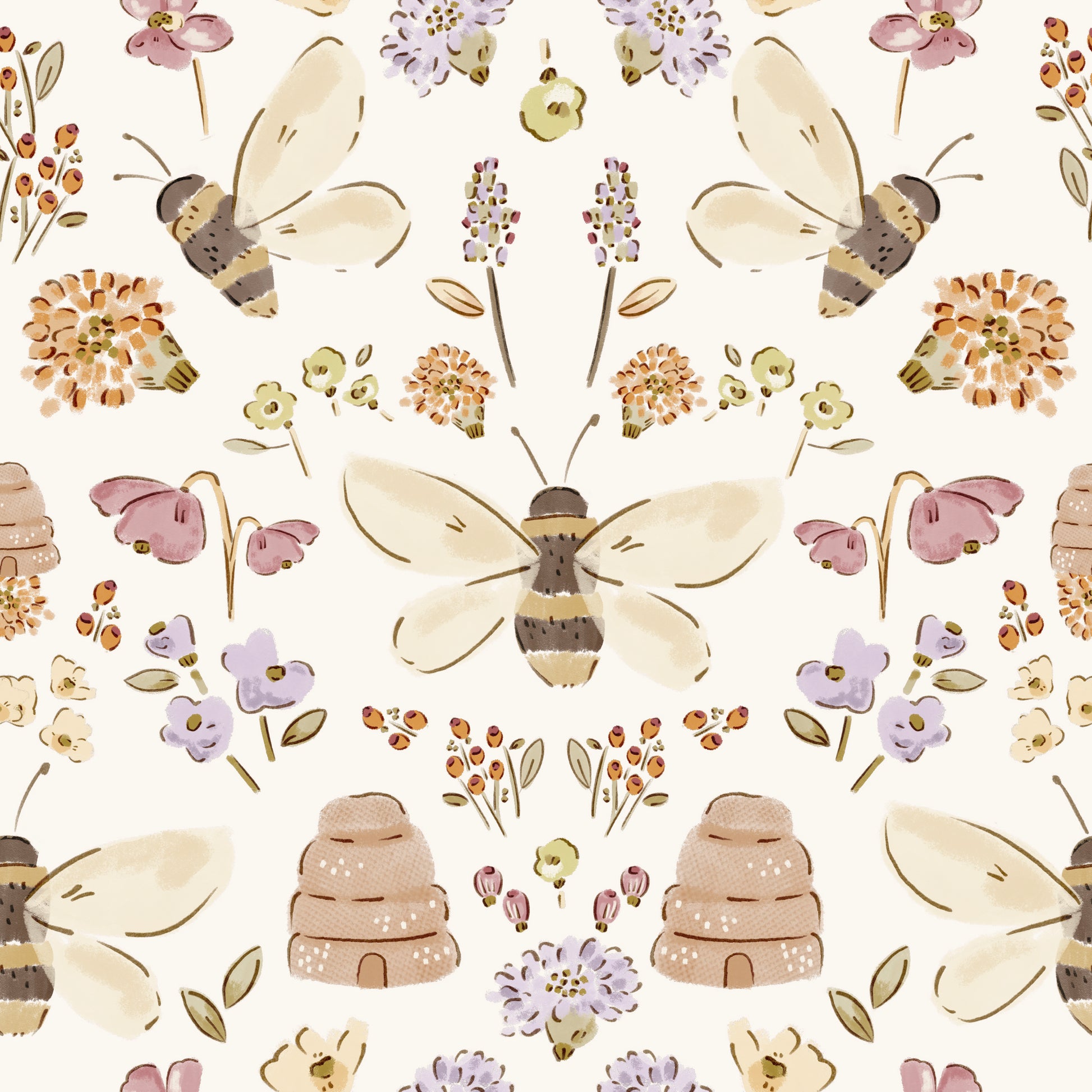 Pattern of bees, flowers, and beehives on a white background