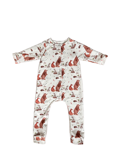 front opening romper forest fox bear rabbit