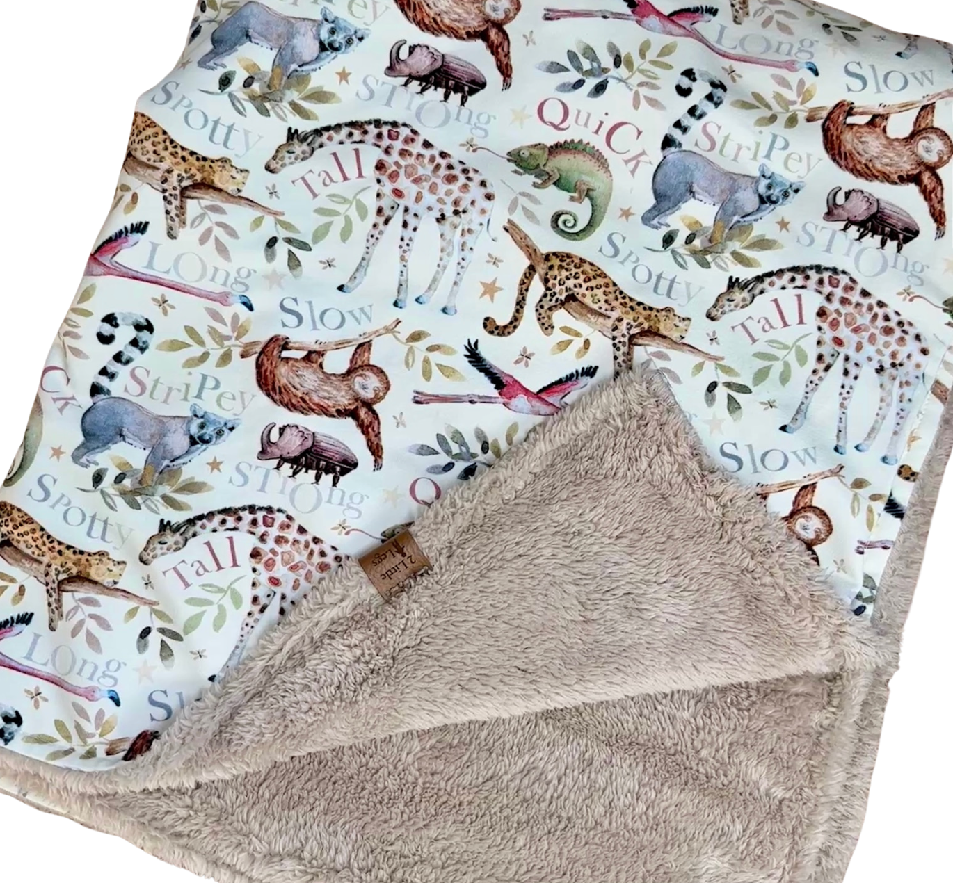 Fleece baby blanket featuring an animal pattern
