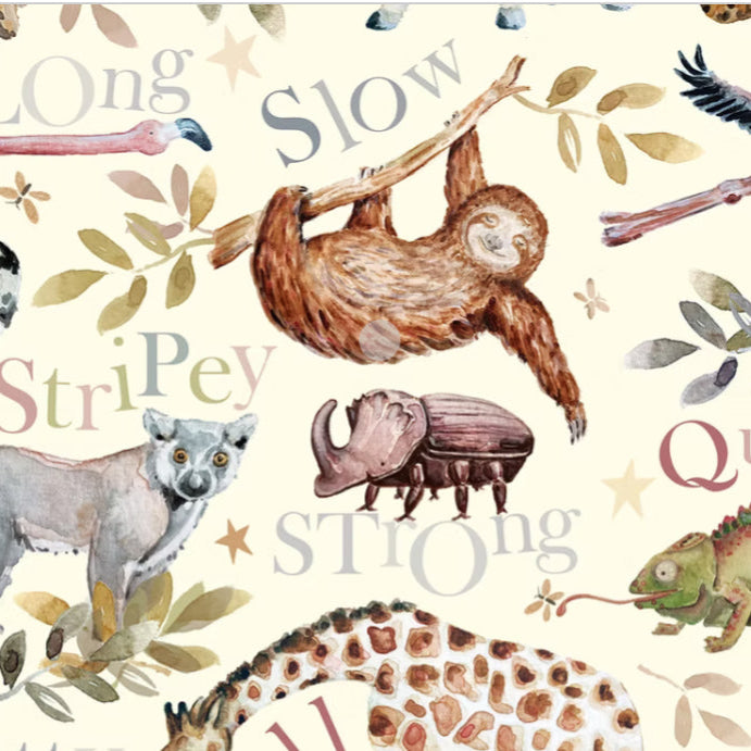 Pattern of animals and text on a light background
