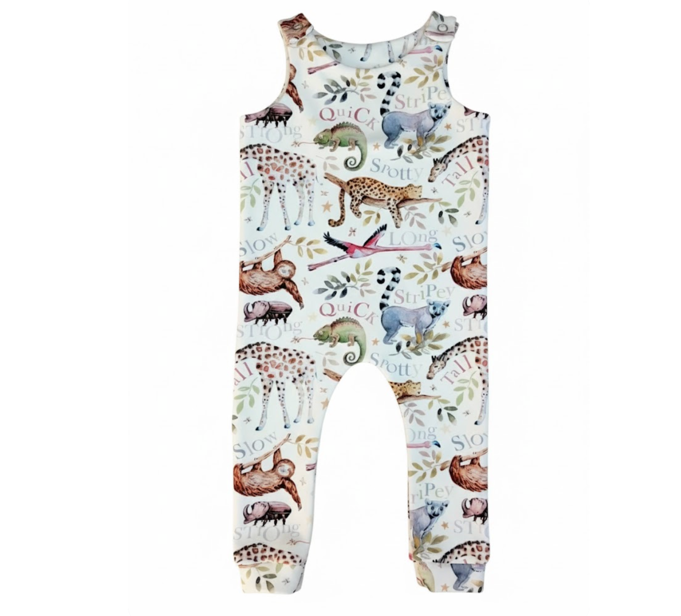 Baby romper with animal print on a white background