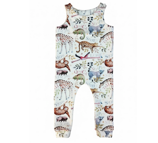 Baby romper with animal print on a white background