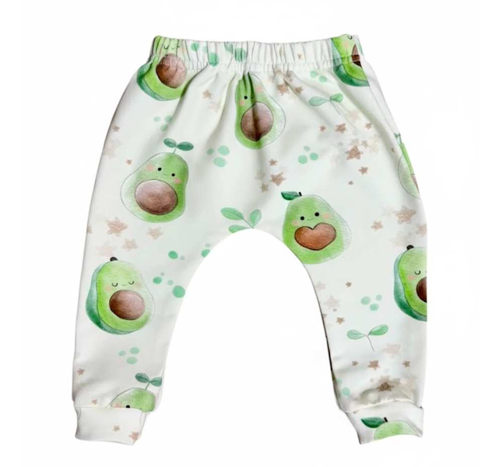 Baby leggings with an avocado pattern on a white background