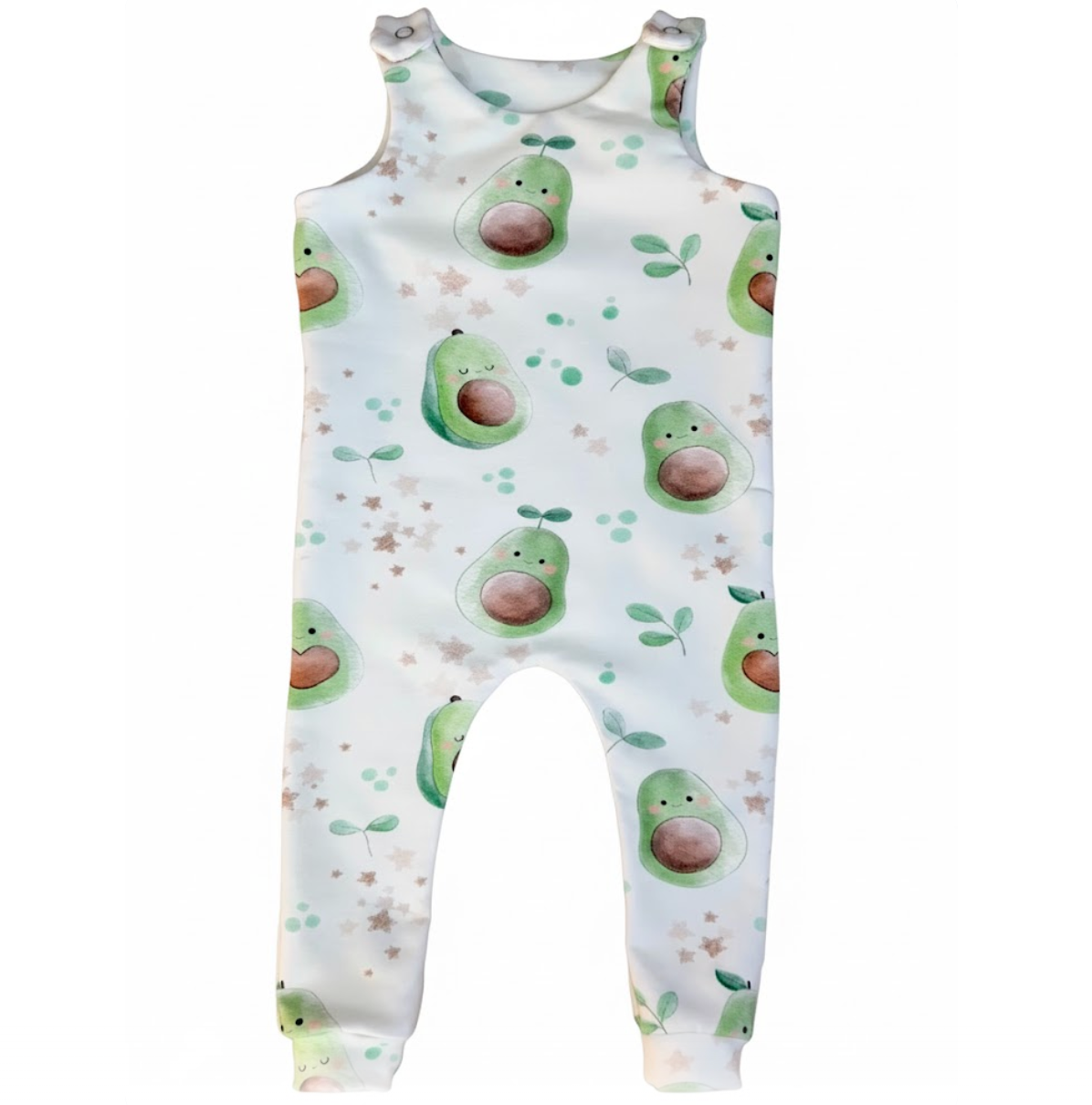 Baby romper with avocado pattern on a white background