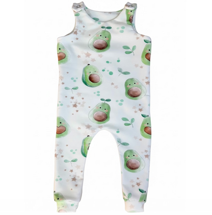 Baby romper with avocado pattern on a white background