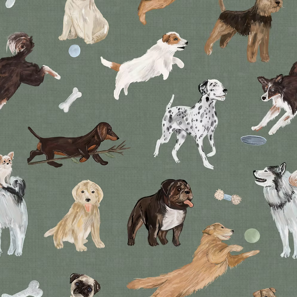 Pattern of various dog illustrations on a green background