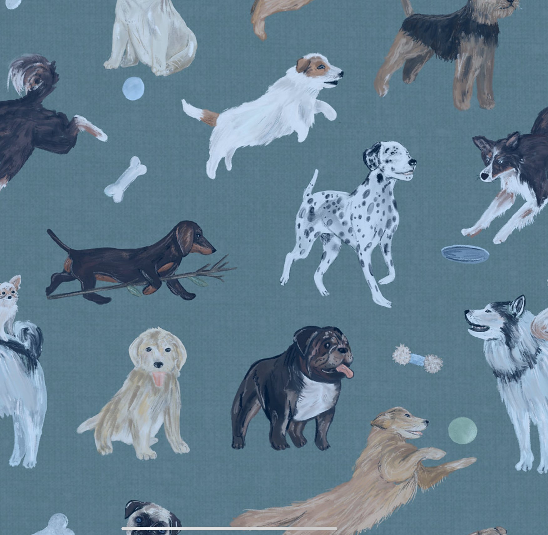 Pattern of various dogs on a blue background