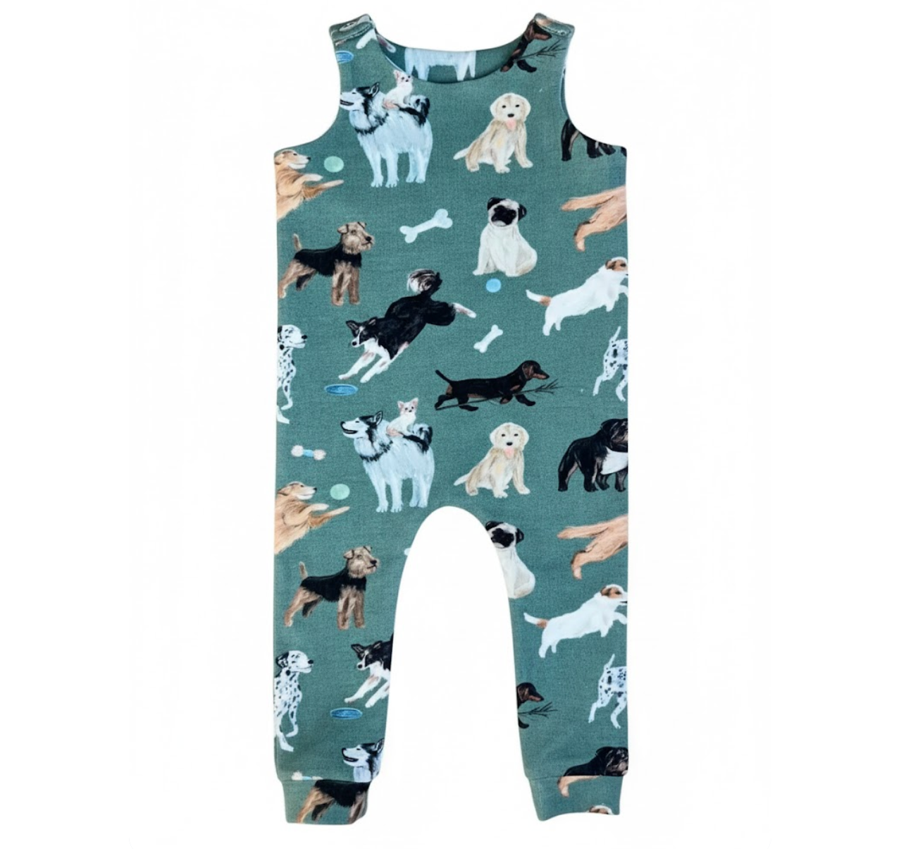 Children's sleeveless romper with dog pattern on a white background