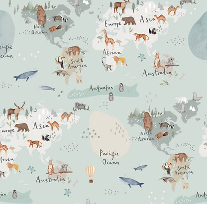 World map with animals on a light blue background