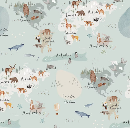 World map with animals on a light blue background