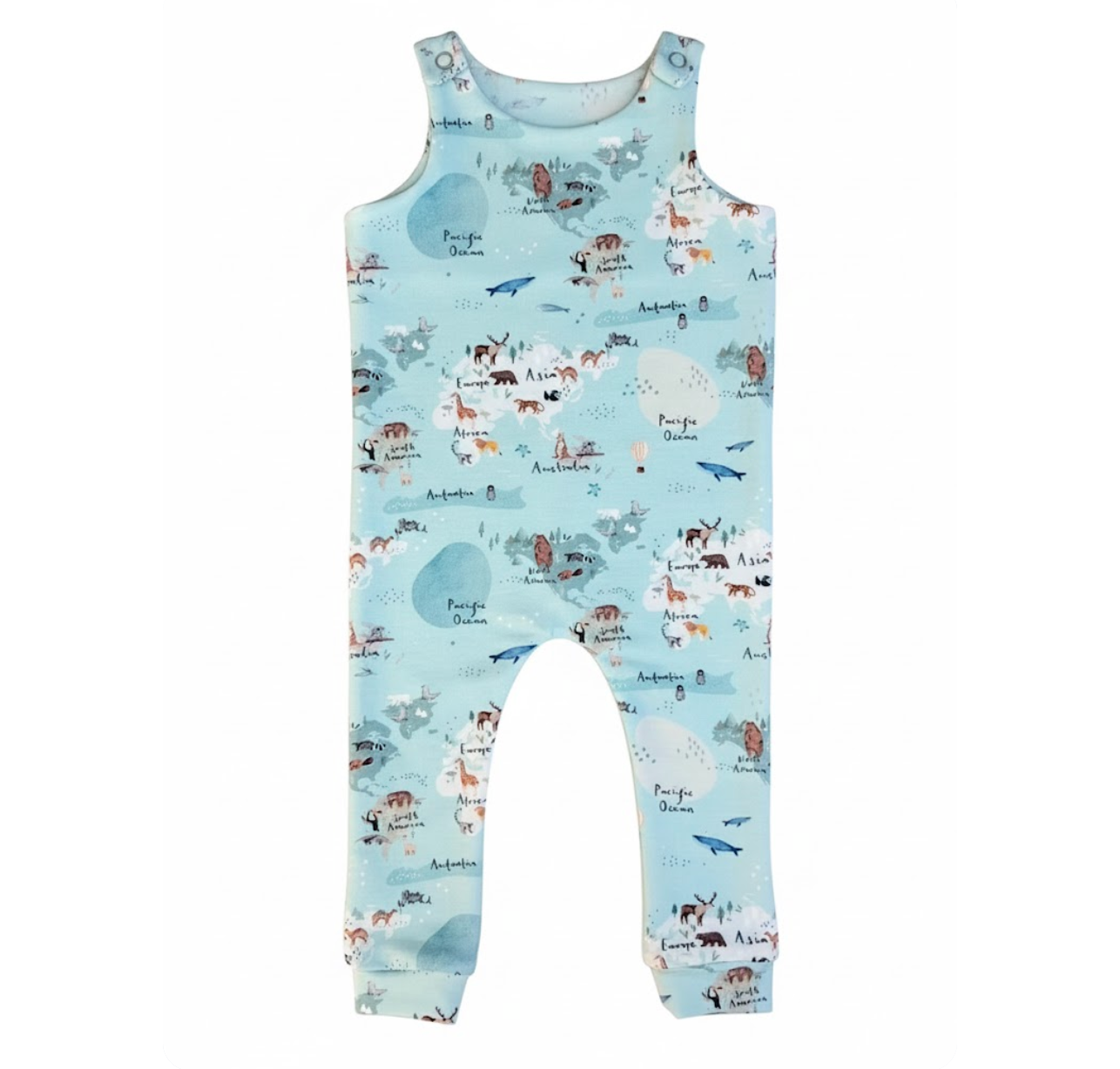 Children's romper with animal pattern on a light blue background