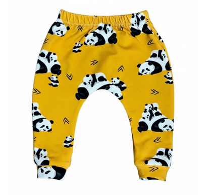 Yellow children's leggings with panda pattern on a white background