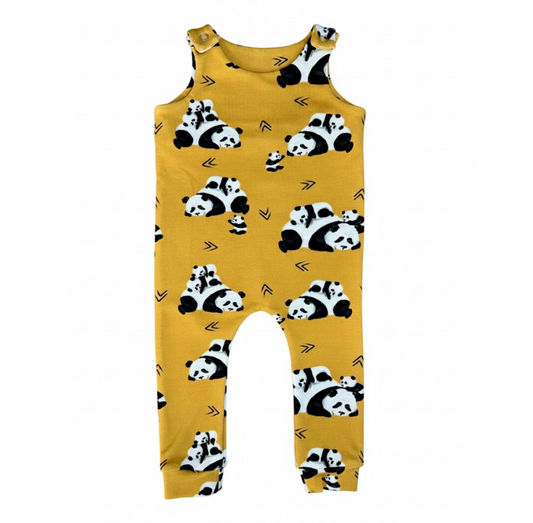 Yellow romper with panda pattern on a white background