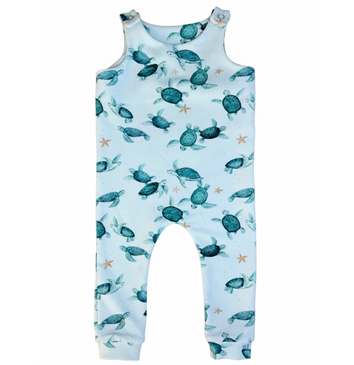Baby romper with turtle pattern on a light blue background
