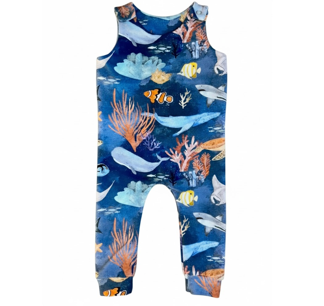 Children's romper with ocean-themed design on a white background