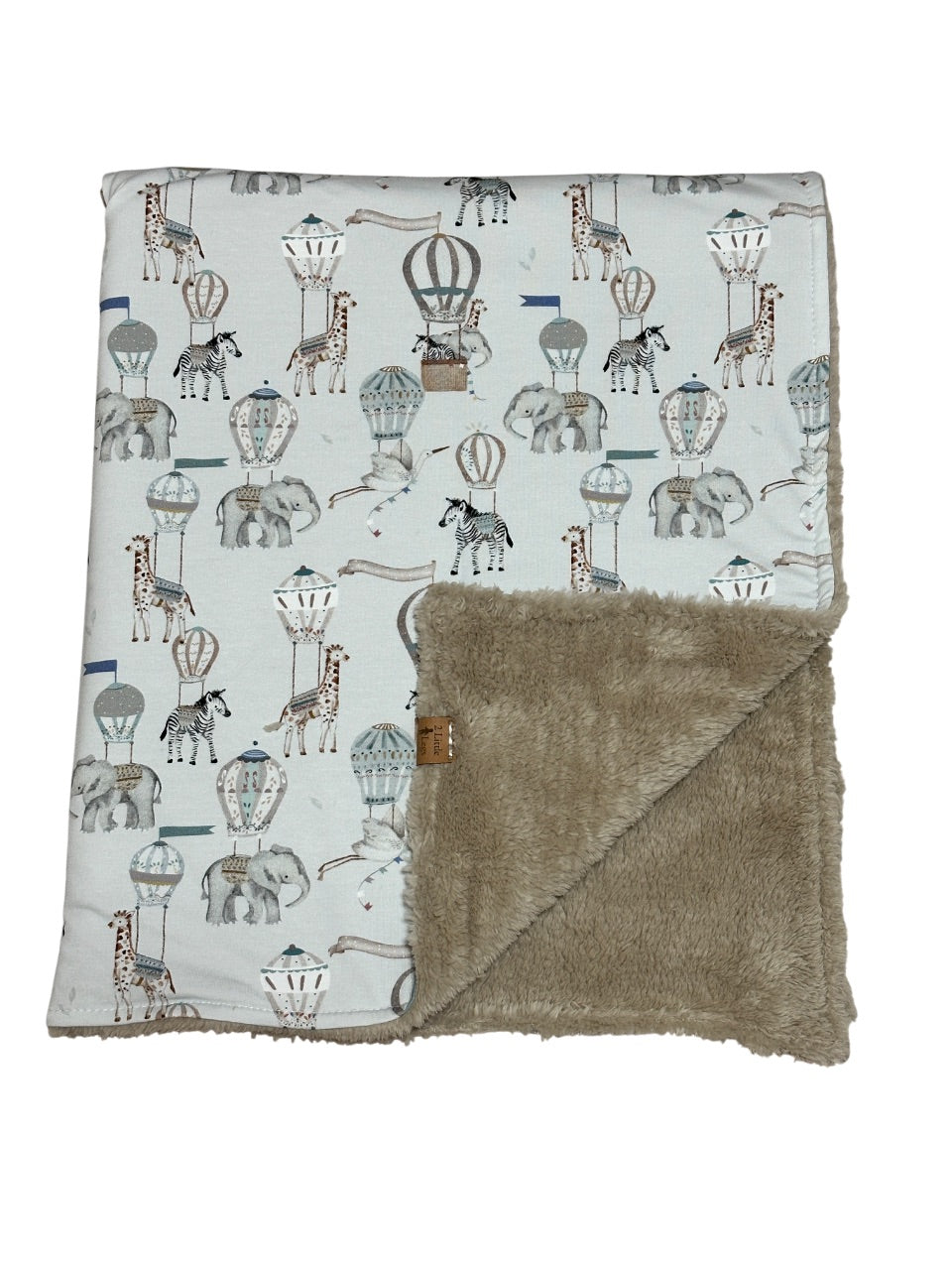 Baby blanket with animals and hot air balloons pattern  with fleece backing