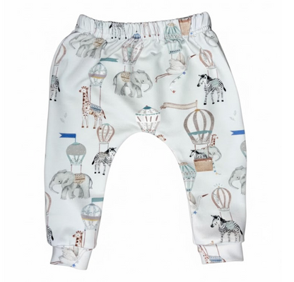 Children's leggings with animal and hot air balloon pattern on a white background